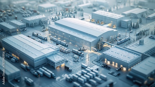 A big supply chain with different types of transportation, big warehouses, high office buildings, parcel carriers, in 3d style with white material. Aerial high view. Generative AI.