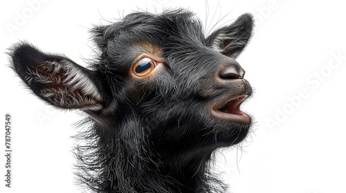 Funny black goat with blue eyes isolated on a white background.