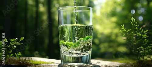 fresh clear mineral water in a glass with forest background 147