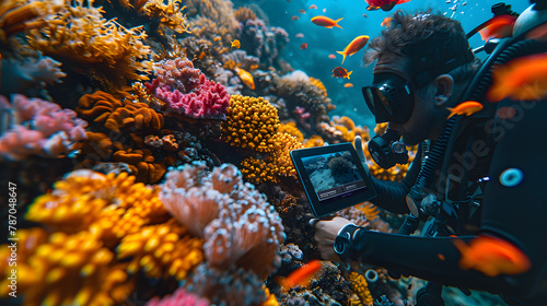 Oceanic Conservation Dashboard: Tablet in Underwater Marine Setting