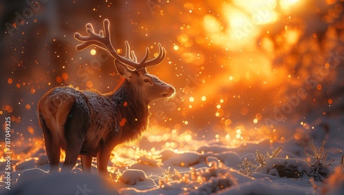 A fawn stands in the snowy landscape in front of a fire, experiencing warmth in the cold winter weather. The scene captures the beauty of wildlife in a natural setting
