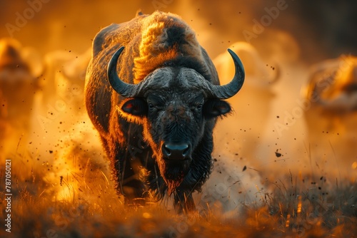 A bull, a working animal, is depicted running through a fiery landscape in a painting. Its horns and snout are vividly captured amidst the atmospheric phenomenon