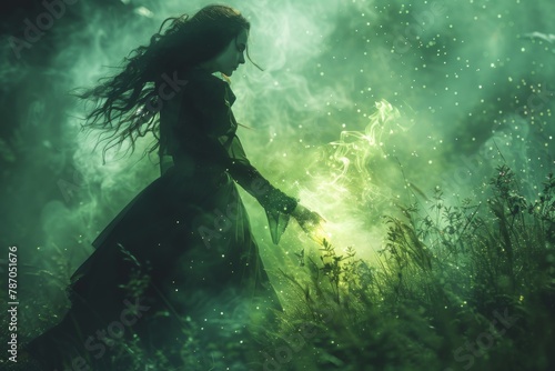 A chilling figure of a witch with wild hair and black robes, casting a spell with hands illuminated by a green fire in a dark, misty wood.