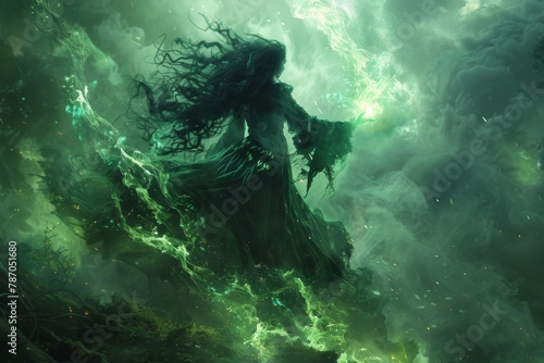 A chilling figure of a witch with wild hair and black robes, casting a spell with hands illuminated by a green fire in a dark, misty wood.