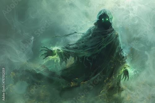 A spectral wraith emerging from the shadows, its eyes glowing faintly green, hands outstretched as if to grasp something unseen