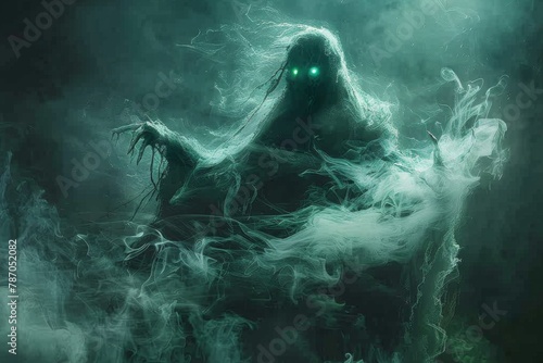 A spectral wraith emerging from the shadows, its eyes glowing faintly green, hands outstretched as if to grasp something unseen