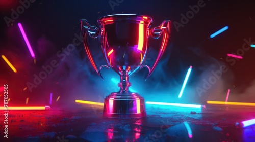 Glowing trophy under vibrant neon lights