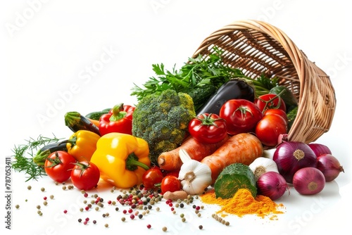 A high-angle shot of a basket filled with various types of fresh vegetables, tipping over and spilling onto a white background.