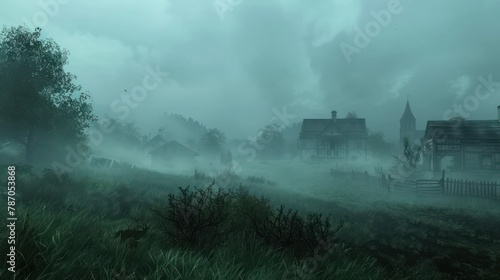 Misty haunted village scene with eerie atmosphere