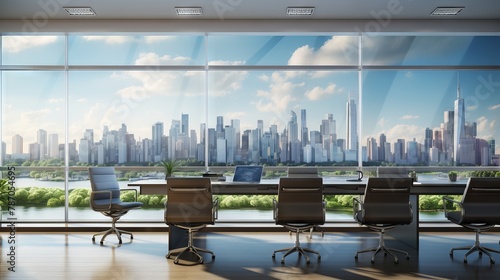 Dynamic business setting: conference room overlooking panoramic megapolis cityscape