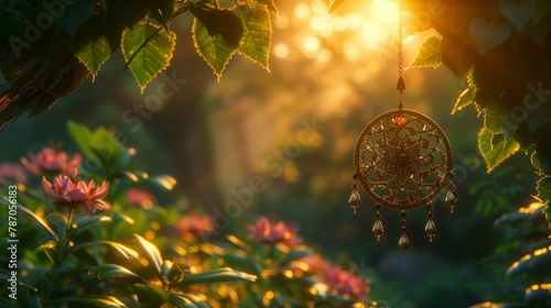 Dream catcher hanging from a tree in a garden, enhancing the natural landscape