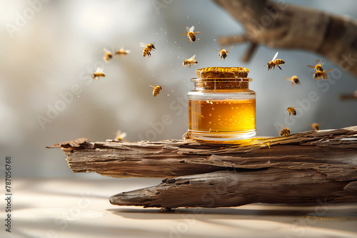 Bees flying around a jar of honey.