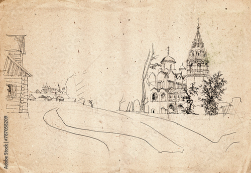 Hand drawn architectural sketch on an aged beige paper. Landscape with ancient stone churches and bell towers and wooden log huts in the Russian building traditions