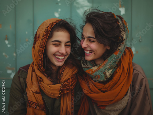 Two woman from Afghanistan smiling and laughing together.