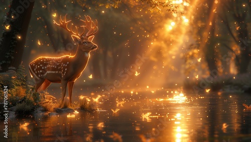 A fawn is standing by the river in the darkness of midnight, surrounded by the natural landscape of a forest. The water glistens in the moonlight, creating a serene scene of wildlife