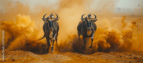 Two wildebeest are galloping across a grassy field, kicking up dust clouds behind them. Their hooves pound the soil as they race through the landscape