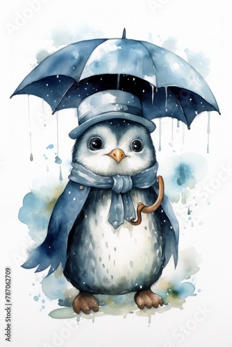 A penguin is depicted in the image wearing a stylish bowler hat and holding onto an umbrella with its flippers. The penguin appears to be standing on ice or snow, under what seems like light snowfall