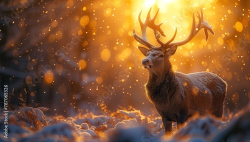 A reindeer stands gracefully in the snow as the sun sets behind it, creating a stunning atmospheric phenomenon in the natural landscape