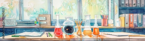 A watercolor painting of a science project that accidentally creates a mini black hole in a classroom, sucking in pencils and notebooks