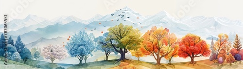 Cell cycle and division shown through the changing seasons in valleys, a natural metaphor for growth and reproduction