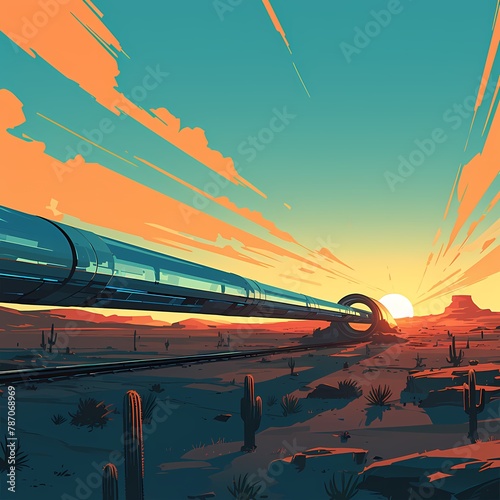 Elevate Your Imagery with the Spectacle of a Sleek Hyperloop Racing Past a Vibrant Sun in an Enchanting Desert Landscape
