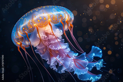 Beautiful bioluminescent jellyfish in the dark ocean, glowing in light blue and orange colors. Created with Ai