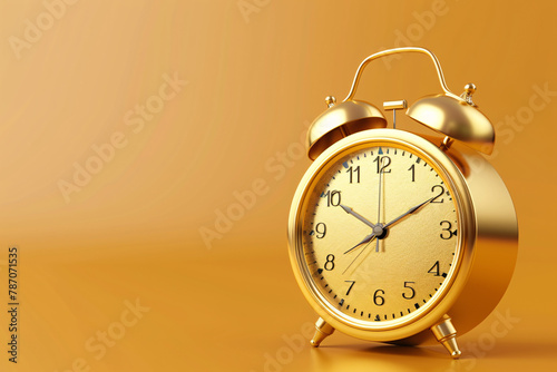 Golden alarm clock on a smooth beige background casting a soft shadow