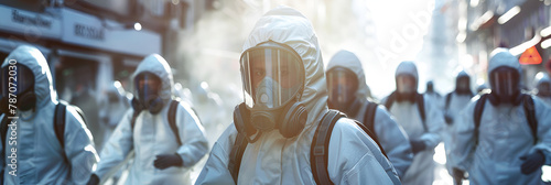 People using bio hazard suits on city streets due to pollution and bad air quality. 