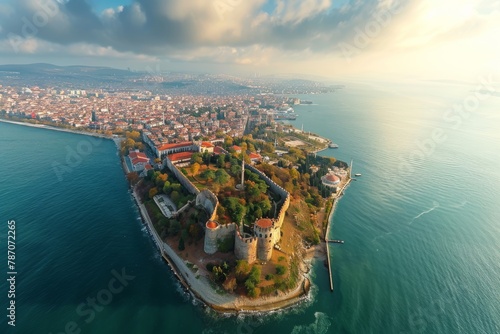 This photo captures an aerial perspective of a small island situated amidst the vast expanse of the ocean, Aerial view of Istanbul where east meets west, AI Generated