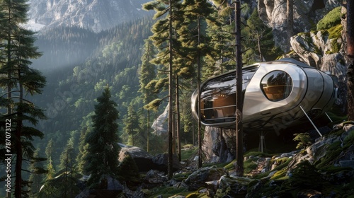 Delve into the mesmerizing fusion of advanced Futuristic Technologies and the simplicity of Wilderness Camping Zoom in for a close-up shot that reveals the harmony between man-made designs and natural