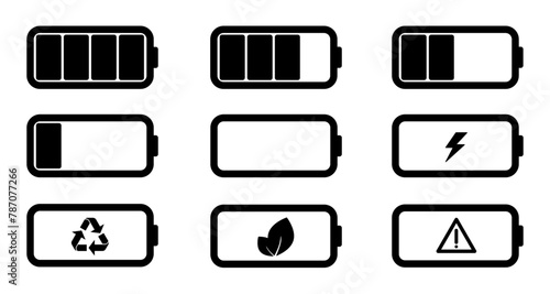 Battery icon set with power level, nature, regeneration and warning icons. The outline icon is editable with stroke.