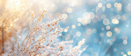 Banner with white heather blossoms on shiny bokeh background. Generative AI