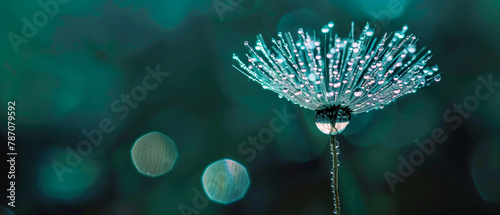Glistening dew on dandelion seed against a teal bokeh background. Beautiful modern minimal wallpaper. Generative AI