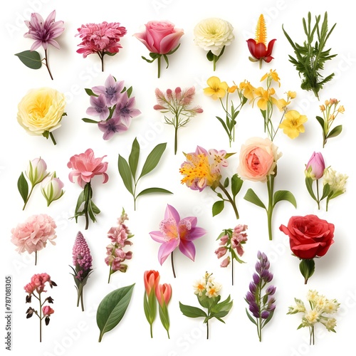 A Collection of TopView Flower Leaves and Pastel Images of Isolated Individual Garden Flowers on a 