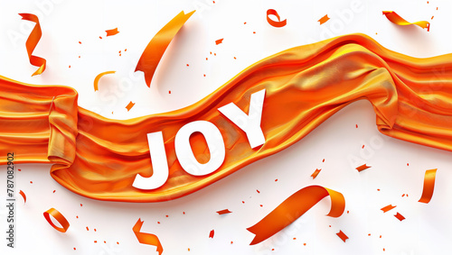 The word "JOY" on an orange banner resembling a flag with textured fabric.