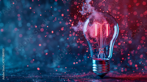 A light bulb is lit up and surrounded by a cloud of glitter. Concept of creativity and inspiration, as the light bulb represents an idea or a spark of innovation. The glitter adds a touch of magic