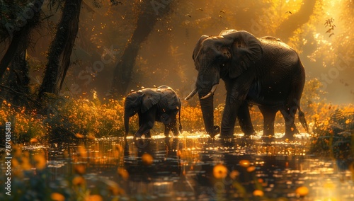 Two elephants gracefully traverse the river in the natural landscape of the wooded area. The scene is a perfect subject for a painting, with the grasslands surrounding them