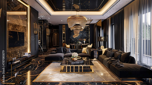 Luxury black and gold living room interior