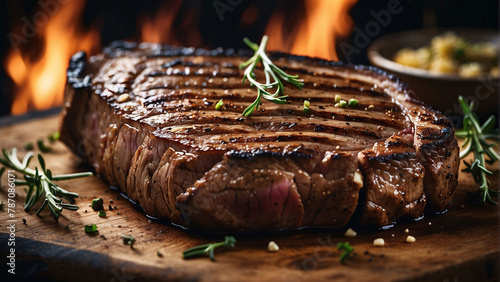 A steak on a cutting board with herbs and spices 