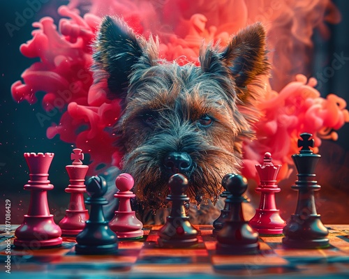 Virtual dog playing grandmaster chess, saturated colors, eyelevel shot, digital age theme , minimalist