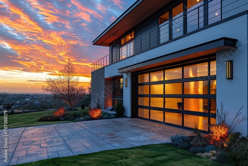 A contemporary residence with a spacious garage door, overlooking a picturesque sunset with clouds in the sky. Surrounded by lush green grass in a residential neighborhood