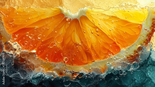 Vibrant orange slice submerged in water with dynamic air bubbles and ripples