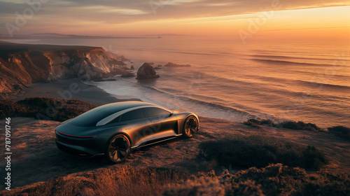 Luxury Electric Car Overlooking Ocean Sunset 