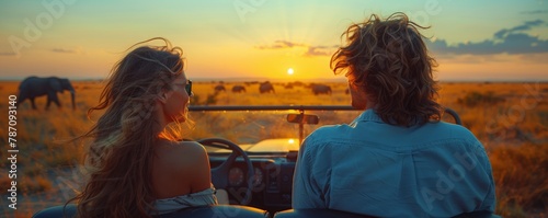 A man and a woman are sitting in a car, gazing at an elephant through the clouds in the sky. The water and landscape add to the fun travel experience