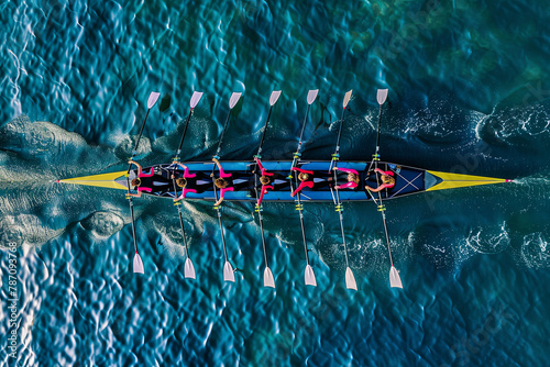 Women's rowing team on blue water, top view 