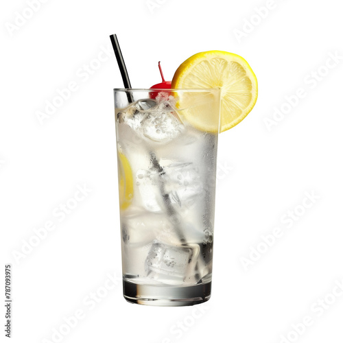Classic Tom Collins Cocktail with Lemon and Cherry, Refreshing Drink on Transparent Background