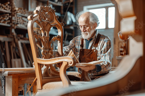 elderly carpenter builds a classic style chair 