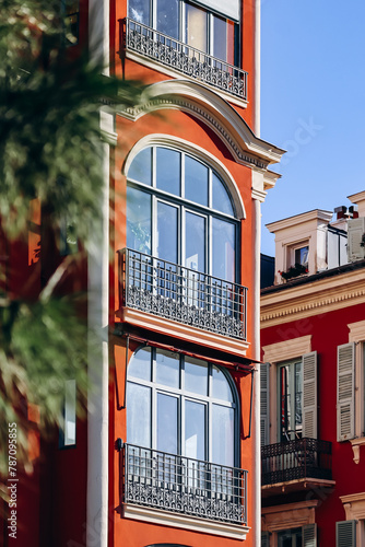 Close-up of the facades of Place Massena in the center of Nice