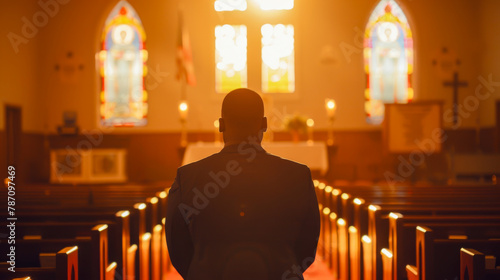A man stands in a church with a candle in his hand