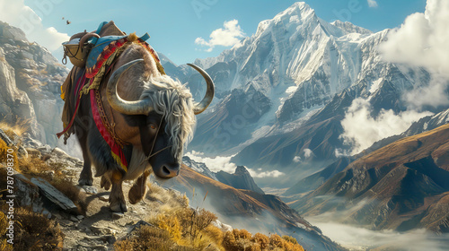 A large brown and white ox is walking up a mountain